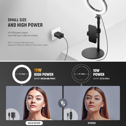 NEEWER 8" 18W High Power Desk Ring Light with Stand & Phone Holder, Circle Selfie Ringlight for iPhone Streaming Vlogging Recording, Video Conference Lighting Kit for Laptop Computer Zoom Call, RH8B