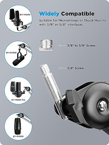BOYA Microphone Boom Arm,Large Mic Arm (46 inch) with Desk Mount & 5/8"to 3/8"Screw Adapter Heavy-Duty Microphone Arm Stand Adjustable &Foldable for Streaming/Podcast/Gaming(BY-BA20)