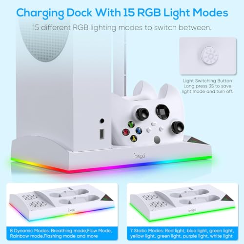 Upgraded RGB Cooling Fan Charge Stand for Xbox Series S Console &Controller | Dual Charger Dock Cooler System Stand with 15 Colorful Light Modes Accessories with 2*1400mAH Rechargeable Battery, White - color: White