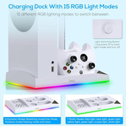 Upgraded RGB Cooling Fan Charge Stand for Xbox Series S Console &Controller | Dual Charger Dock Cooler System Stand with 15 Colorful Light Modes Accessories with 2*1400mAH Rechargeable Battery, White - color: White