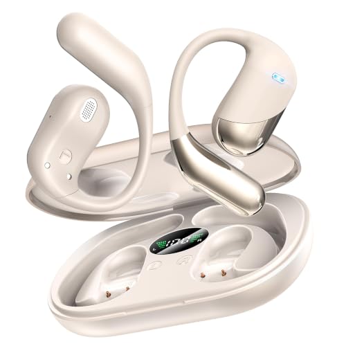 Ultra Open Ear Headphones, Over Ear Bluetooth Bone Conduction Earbuds | Bluetooth 6.1, LED Digital Display, 60H Playtime, IP55 Waterproof, Secure Earhooks for Running, Cycling & Workout - color: Light khaki