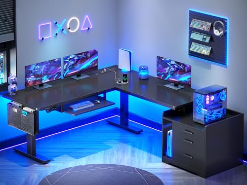 SEDETA L Shaped Standing Desk with File Cabinet, 3 Drawers, Power Outlet | 63 x 53'' Electric Height Adjustable Gaming Computer Desk with Led Lights for Home Office, Gaming Room, Black - color: Black, size: 63 x 53'' L Shaped Standing Desk