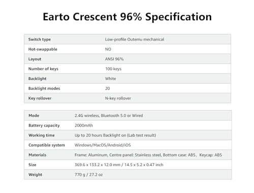 Earto CT100 Wireless Mechanical Keyboard, Ultra Slim 96%- 100 Keys Low Profile Mechanical Keyboard, Bluetooth/2.4G/ Wired, White LED Backlight, Windows& Mac Compatible Aluminum- Red Switch
