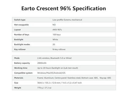 Earto CT100 Wireless Mechanical Keyboard, Ultra Slim 96%- 100 Keys Low Profile Mechanical Keyboard, Bluetooth/2.4G/ Wired, White LED Backlight, Windows& Mac Compatible Aluminum- Red Switch