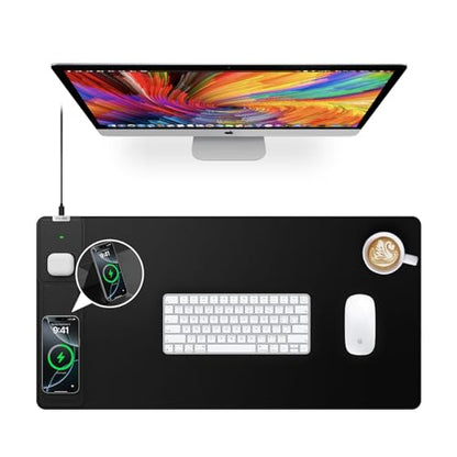 Wireless Charging Mouse Pad with Foldable Phone Holder, 31.5"x15.8", Black | Large Desk Mat for Laptop/Keyboard, Waterproof Ultra-Smooth Surface, Non-Slip Base - color: Black-Phone Holder-31.5"x15.8"