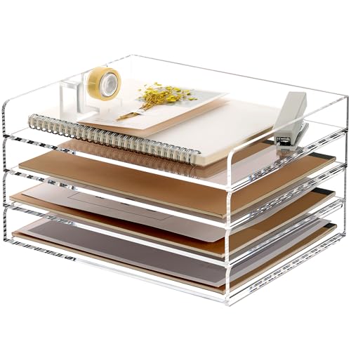 SANRUI 4 Tier Clear Desk Paper Letter Organizer Trays, A4 Stackable File Document Tray, Acrylic Desk Organizers and Accessories Sorter, Workspace Office Supplies Organizers,12.4inx8.86inx6.64in - style: Thin 4 Tier Trays