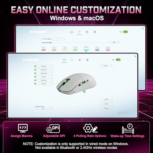 YUNZII M1 PAW3311 Sensor Wireless Gaming Mouse (Pink) | 7-Level DPI Adjustment Up to 10000 DPI, Stable 1000Hz polling rate, 60g Lightweight Design, Easy Software for Win & Mac - color: Pink