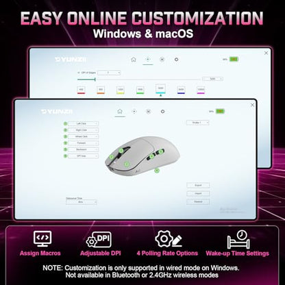 YUNZII M1 PAW3311 Sensor Wireless Gaming Mouse (Pink) | 7-Level DPI Adjustment Up to 10000 DPI, Stable 1000Hz polling rate, 60g Lightweight Design, Easy Software for Win & Mac - color: Pink