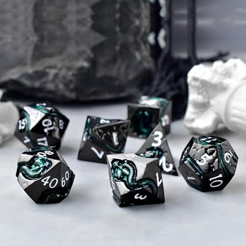 RULE DICE Metal DND Dice Set with Serpent's Cunning Design– 7 Polyhedral Solid D&D Dice – Balanced Metal Dice for Dungeons and Dragons, RPG, Role Playing Games - color: Ld-black White