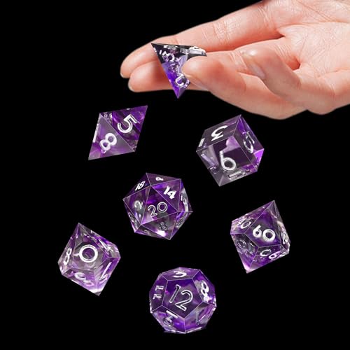 AUSTOR 7-Die DND Dice Set Handmade Sharp Edge Polyhedral Dice for Dungeons and Dragons D&D RPG MTG Table Games (Black & Violet, Silver) - color: Black & Violet，silver