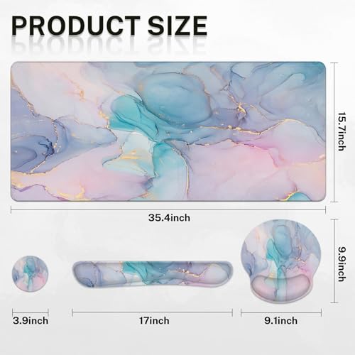Britimes Blue Purple Liquid Marbling Keyboard Mouse Pad Set 4in1 Large Mousepad+Keyboard Wrist Rest+Mouse Wrist Rest+Coaster Ergonomic Design for Home Office Computer 35.4x15.7 inches - color: Blue Purple Marbling