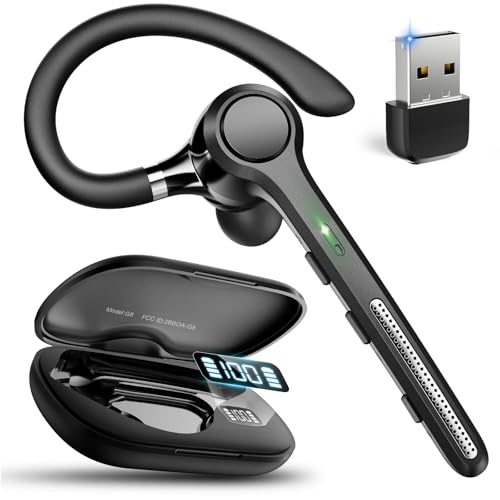 Ngsod Bluetooth Headset V5.4,USB Dongle Wireless Earpiece with Mic,Black | 500mAh Charging Case,50H Talk Time,Dual connect & Mute,ENC Noise Cancelling Lightest Headphones for Work Trucker