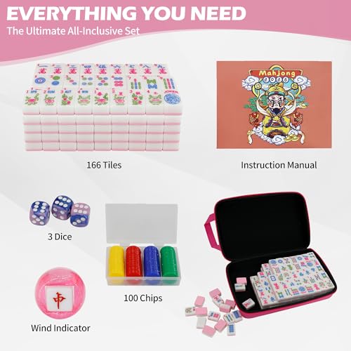 Jolitac American Mahjong Game Set, 166 Premium Tiles, Mahjong Tile Set with Sturdy Carrying Bag, Include Chips & Dice – Portable Travel Complete Mahjong Set for Adults & Beginners - color: Pink
