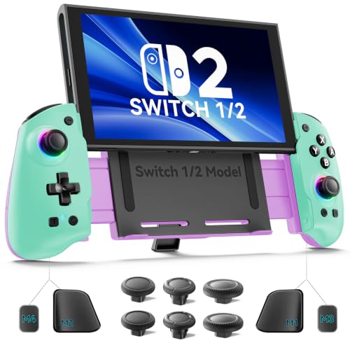 OIVO VGA DESIGN Switch Controller Handheld for 1/2/OLED, Ergonomic Grip Stretch Joypad for SW Console, Wireless Controller with TMR Joysticks, RGB Lighting, Turbo, 4 Macros & Card Slot - color: Green & Purple