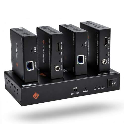 J-Tech Digital 1080P 60Hz HDMI Extender Splitter Over Single Cat5e/6 Ethernet Cable 1 in 4 Out Up to 164ft. Features Local HDMI Loop-Out, PoC, IR Control, Audio EDID Switch - size: 1x4