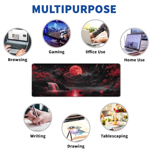 Darkness Red Moon Mouse Pad Abstract Red Mouse Pad 31.5x11.8 Inch Non-Slip Rubber Base Large Mousepad Stitched Edges Keyboard Mouse Mat Desk Pad for Office and Home(2) - color: Darkness Red Moon 2