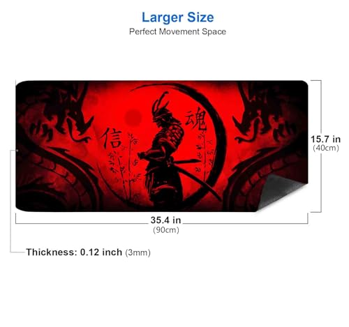 IMAYONDIA Japanese Samurai Large Gaming Mouse Pad for Laptop, Cool Anime Red Black Dragon Desk Mats, Computer Pad Desktop Mat for Gaming Player Office Extra Large Mousepad, 35.4x15.7 in - color: Japanese Samurai