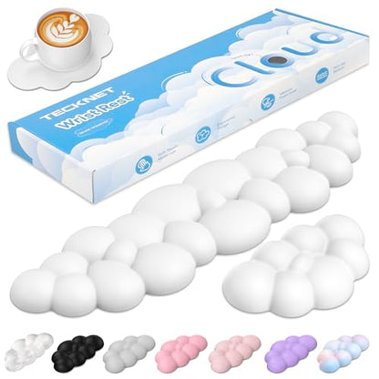 TECKNET Cloud Keyboard Wrist Rest Set, Cloud Wrist Rest with Non-Slip Base, PU Leather Wrist Pad for Keyboard with Ergonomic Memory Foam for Computer Laptop Office Gaming and Pain Relief, White - color: White