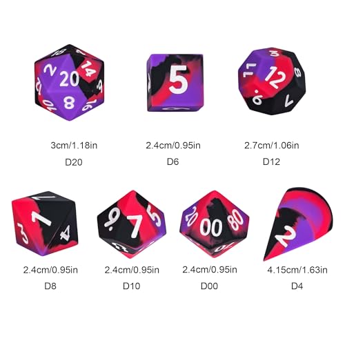 7-Piece Jumbo Silicone DND Dice Set, 25mm Oversized D&D Dice | Round Edges Soft Perfect Bouncer Compatible with Dungeons and Dragons RPG Bar Pub Club Party Games - color: Purple&black&red