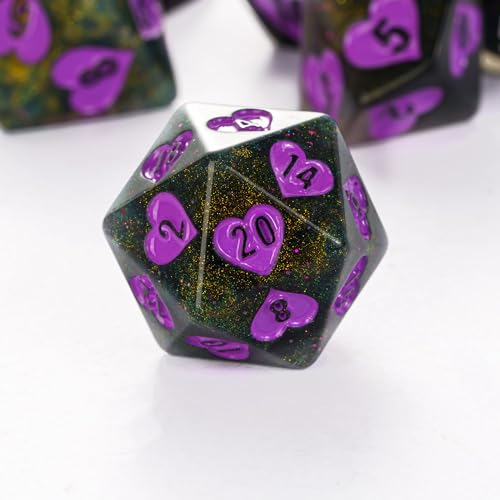 Glitter DND Dice Set Heart Polyhedral Dice Set for D&D Tabletop Game | Leather Storage Bag, DM Gift, for Dungeons and Dragons Role Playing Games - color: Heart/Black