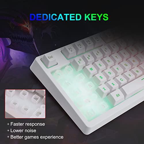 HUO JI White Gaming Keyboard USB Wired with Rainbow LED Backlit, Floating Keys, Mechanical Feeling, Spill Resistant, Ergonomic for Xbox, PS Series, Desktop, Computer, PC - color: White