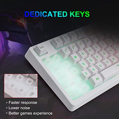 HUO JI White Gaming Keyboard USB Wired with Rainbow LED Backlit, Floating Keys, Mechanical Feeling, Spill Resistant, Ergonomic for Xbox, PS Series, Desktop, Computer, PC - color: White