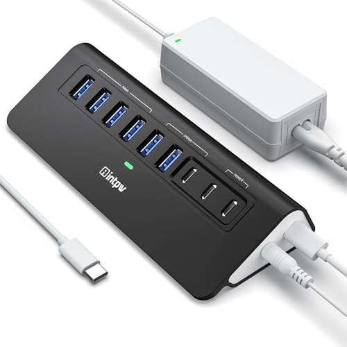 Powered USB Hub 10Gbps,intpw YH6AC 9-Port USB Splitter with USB A/USB C 3.2, 4 USB 3.0, 2 PD 45W Charging Ports, 65W Power Adapter and 3.3FT Cable, Aluminum Black USB Hub for Laptop/PC,iPhone 16/15 - color: Black, size: 9 Port
