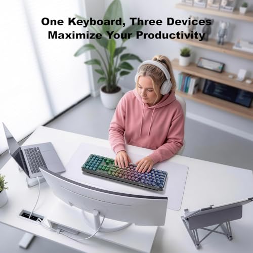 MOFII Clear Curved Ergonomic Wireless Keyboard, Tri-Mode BT5.0/2.4G/USB-C | RGB Backlit, Rechargeable, Full-Size Computer Keyboards for Laptop/PC/Desktop/iPad/Smartphone/Smart TV, Black - color: Black