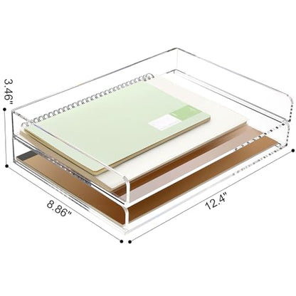 2 Pack- Stackable Paper Letter Tray, A4 File Tray Desk Organizer, Acrylic Desk Organizers and Accessories Sorter, Clear Workspace Office Supplies Organizers, 12.4inx8.86inx3.46in - style: Thin 2 Tier Trays