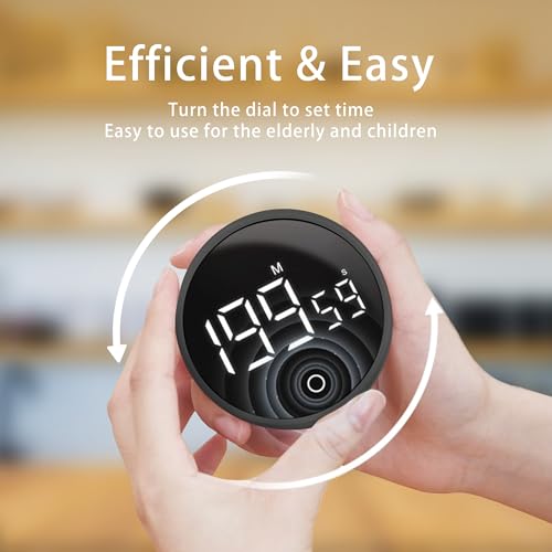 Digital Kitchen Timers, Magnetic Rotary Timer with Large LED Display, 3 Volume Levels, 0-199Min Countdown/Up, Easy Operation for Cooking, Studying, Fitness, Kids & Seniors - color: Black