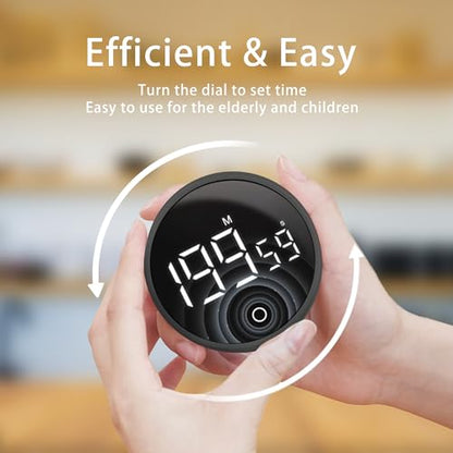 Digital Kitchen Timers, Magnetic Rotary Timer with Large LED Display, 3 Volume Levels, 0-199Min Countdown/Up, Easy Operation for Cooking, Studying, Fitness, Kids & Seniors - color: Black