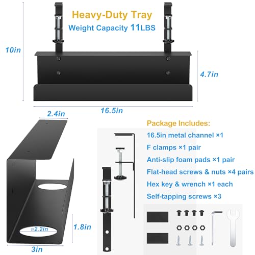 ZhiYo 16.5in Steel Cable Management Under Desk Tray, Large Clamp-On Under Table Cord Hider Tray, No Drill Cable Organizer for Desk, Wire Management Raceway, Black Rack, W3in x H4.7in - size: 16.5in L - Clamp-On