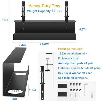 ZhiYo 16.5in Steel Cable Management Under Desk Tray, Large Clamp-On Under Table Cord Hider Tray, No Drill Cable Organizer for Desk, Wire Management Raceway, Black Rack, W3in x H4.7in - size: 16.5in L - Clamp-On