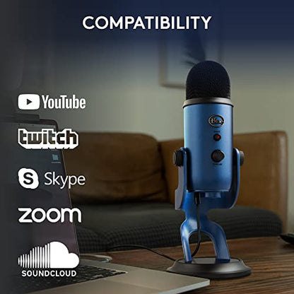 Logitech Creators Blue Yeti USB Microphone for PC, Mac, Gaming, Streaming, Podcasting, Studio and Computer Condenser Mic with Blue VO!CE Effects, 4 Pickup Patterns, Plug and Play - Midnight Blue | USB Plug-and-Play Condenser Mic with Blue Vo!ce, Headphone