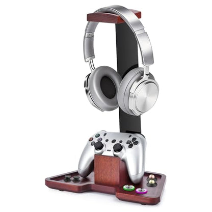 Headphone Holder Stand for Desk, Wood and Metal Headset Hanger Mount Hook Gaming Holder Desktop Earphone Artful Functional Craftsmanship Stand for All Headsets with Solid Wooden Base