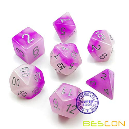 Bescon Two Tone Glowing Polyhedral Dice 7pcs Set Frosty Amethyst, Luminous RPG Dice Glow in Dark, DND Role Playing Game Dice - color: Frosty Amethyst