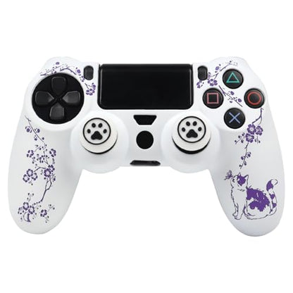 Cat Among Blossoming Branches Design Controller Skin Cover with 2 Thumb Grips Compatible with PS4/Playstation 4 Slim/Pro Controller - color: Cat White Purple