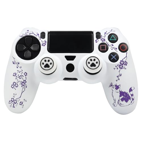 Cat Among Blossoming Branches Design Controller Skin Cover with 2 Thumb Grips Compatible with PS4/Playstation 4 Slim/Pro Controller - color: Cat White Purple