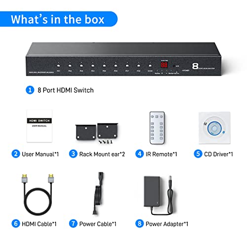 4K 60Hz HDMI Switch 8 Port with【5ft HDMI Cable】, Yinker 4K HDMI Switch 8 in 1 Out with IR Remote + Rack Mount Ears + RS232, Supports HDCP2.2 Auto Scan
