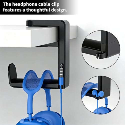 Under Desk Headphone Hanger & Cable Clip, Adjustable Clamp On Headset Stand Holder 360 Swivel, Gaming Setup Accessories for PC Gamers, Multi-Purpose Hook for Bags & Office Organization