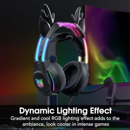 Gaming Headset with Microphone, Deer Ears Headphones for PC Laptop PS4 PS5 Xbox Switch, Rainbow RGB Lighting & Virtual Surround Sound, 3.5mm Over Ear Headphones, Ergonomic - color: Black Deer Ear