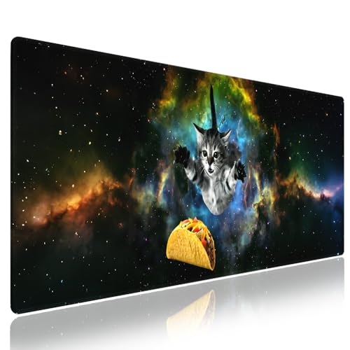 Cute Space Cat Meme Large Mouse Pad, Galaxy Kitten Chasing Taco Desk Mat | Cosmic Surreal Funny Pet Graphic, Vibrant Nebula, 31.5" x 11.8", XXL Gaming Stitched Mousepad, Smooth Surface Anti-Slip Base - color: Curious Cat