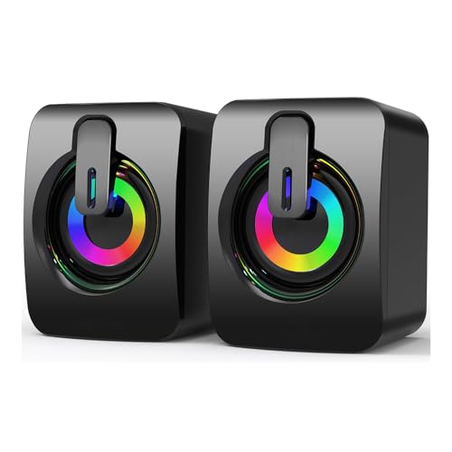 USB Computer/Laptop Speakers,Portable Mini Soundbar for Windows PCs, Desktop Computer with Stereo Sound & Enhanced Bass,7 Lighting Modes, 2 Bass-Boost Ports, 2 Speaker Units,Easy Volume Control