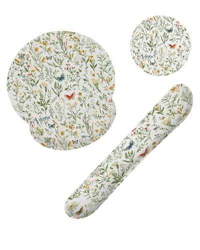 Wildflowers Butterfly Mouse Pad with Wrist Rest and Keyboard Wrist Rest Set, Vintage Garden Plants Herb Flower Non-Slip Rubber Base Memory Foam Mouse Pad Set for Women, Office Desk Accessories, Gaming - color: Wildflowers Garden Plants Herb Butterfly