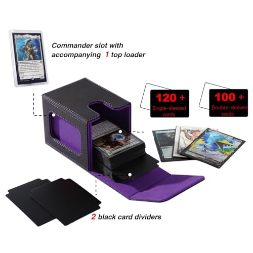 MTG Deck Box with Commander Display, Fits TCG Cards (Black＆Purple) | Holds 120 Single/100 Double-Sleeved Cards, Fit MTG/PTCG/OPTCG Cards, Strong Magnet, PU Leather, With 2 Dividers & 1 Toploader - color: Black＆Purple