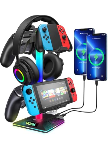 VCOM RGB Gaming Headphones Stand with 2 USB and 1 Type-C Ports, Headset Stand with 10 Light Modes and Non-Slip Rubber,Suitable for All Earphone Accessories, Best Gift for Desk Gamers - color: Black