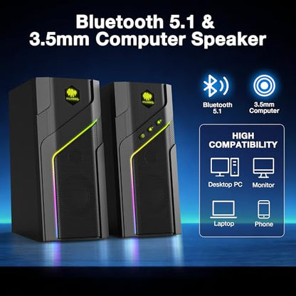 W-206RE RGB Bluetooth PC Speakers, Desktop Gaming Speakers with 21 LED Light Modes, USB Powered Stereo Computer Speakers for Monitor, Laptop and Gaming Setup