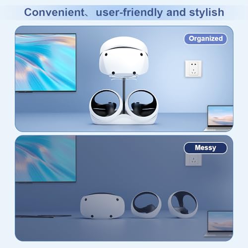 Charging Station for PSVR 2, Multifunction PSVR2 Stand with 7 RGB Light, Headset Display Stand, Dual Controllers Charger Dock, Magnetic Connector, Type-C Cable