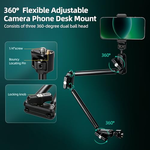 22" Magic Arm Clamp, Overhead Phone Mount Holder Stand, Flexible Desk Camera Mount, Articulating Friction Boom Arm with 1/4" 3/8" Threads for Phone, DSLR, Action Camera,Filming, Light, Webcam, Mic - size: MH05