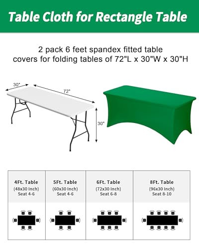 Fixwal Green Stretch Table Cloth Rectangle 2 Pack 6Ft, Spandex Fitted Table Covers Washable for Party, Trade Show, Banquet, Wedding, Buffet - color: Green, size: 6 Ft